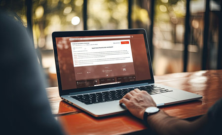 Woman holding credit card and using laptop online payment internet banking. Technology and onlineの素材
