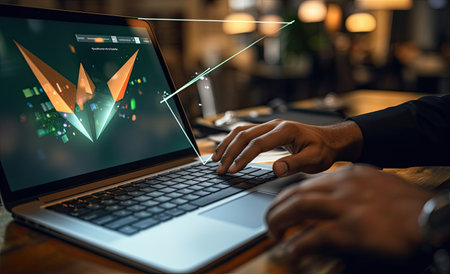 Woman holding credit card and using laptop online payment internet banking. Technology and onlineの素材