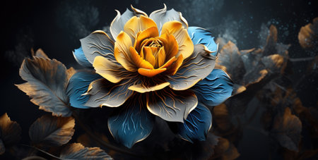 flower yellow and blue is painted on the black backの素材