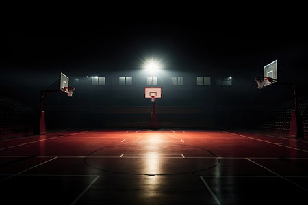 basketball court illuminated with basketball hoopの素材