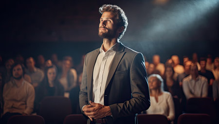 man in front of people before a large auditoriumの素材