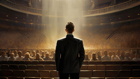 man in front of people before a large auditoriumの素材