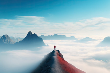 the person is standing on top of the peakの素材