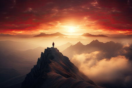 the person is standing on top of the peakの素材