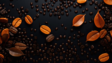 spices nuts and cocoa beans on dark backgroundの素材