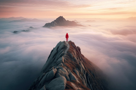 the person is standing on top of the peakの素材