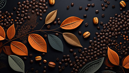 spices nuts and cocoa beans on dark backgroundの素材