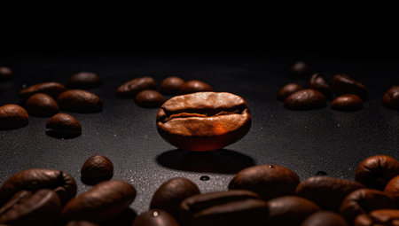 spices nuts and cocoa beans on dark backgroundの素材