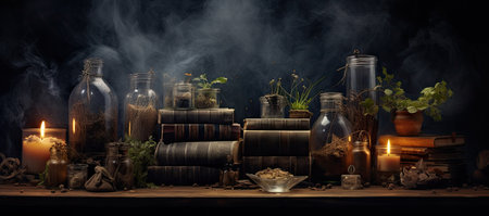 herbs in bottles and booksの素材