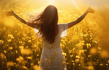 pretty woman walking on a beautiful yellow flower fieldの素材