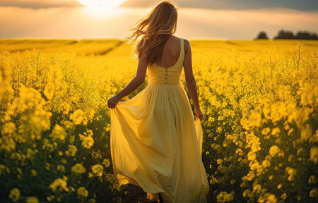 pretty woman walking on a beautiful yellow flower fieldの素材