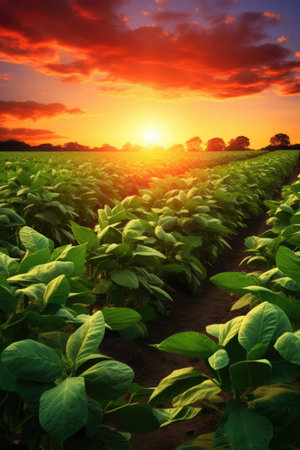 the sun is setting behind a field of bean plantsの素材