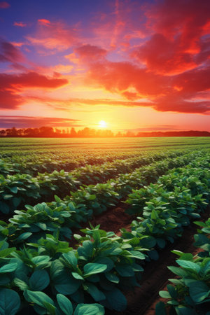 the sun is setting behind a field of bean plantsの素材