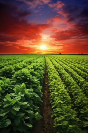 the sun is setting behind a field of bean plantsの素材