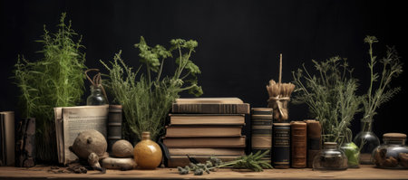 herbs in bottles and booksの素材