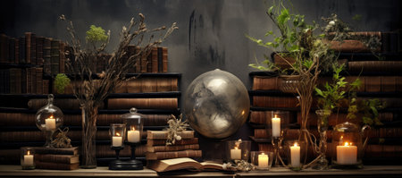 herbs in bottles and booksの素材