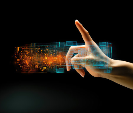 a hand pointing at a touch screenの素材