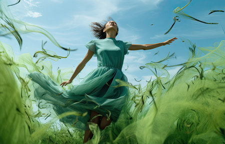 young woman is flying green through grass lookingの素材