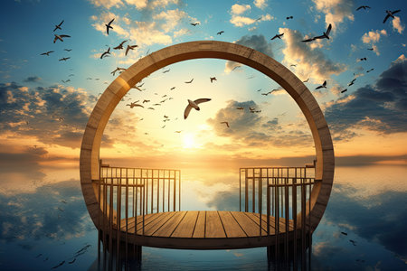 wooden dock with birds flying over the water at sunsetの素材