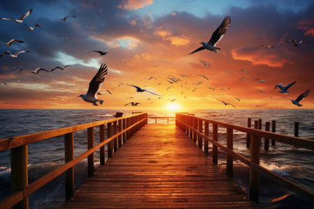 wooden dock with birds flying over the water at sunsetの素材