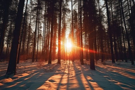 the sun rays are shining through snowy pine treesの素材