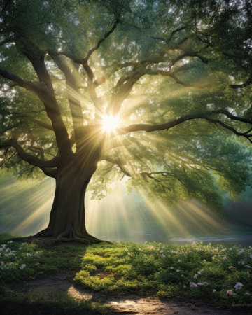 sunlight shines through the treesの素材