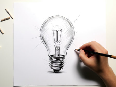 an artist doodles a light bulb on a piece of paperの素材