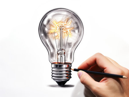 an artist doodles a light bulb on a piece of paperの素材