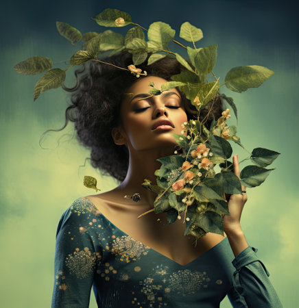 beauty woman with plant in her handsの素材
