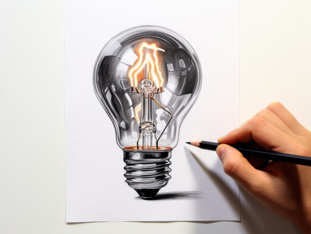 an artist doodles a light bulb on a piece of paperの素材