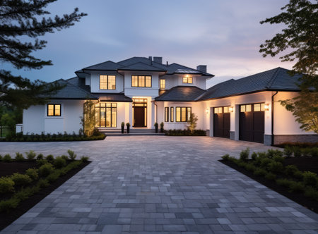 beautiful house front with drivewayの素材