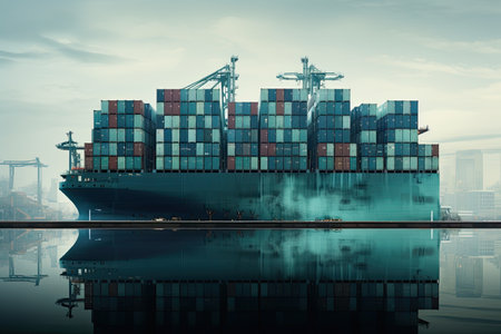 container boat is docked in a harborの素材