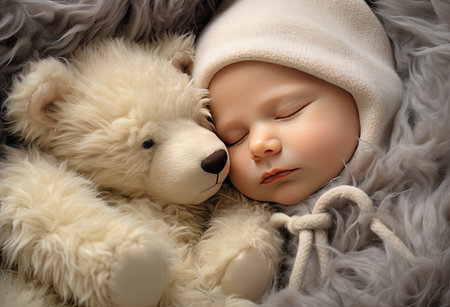 newborn baby sleeping on a fur blanket with ateddyの素材