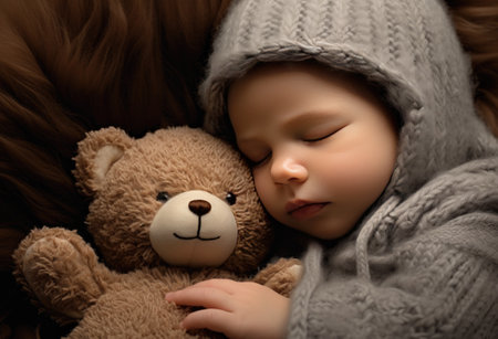 newborn baby sleeping on a fur blanket with ateddyの素材