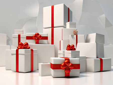 white gift boxes with red ribbonの素材