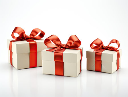 white gift boxes with red ribbonの素材