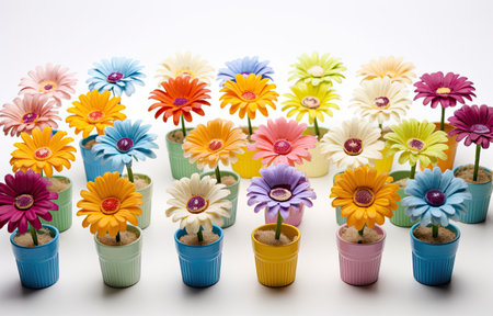 a row of small wooden pots that contain flowersの素材