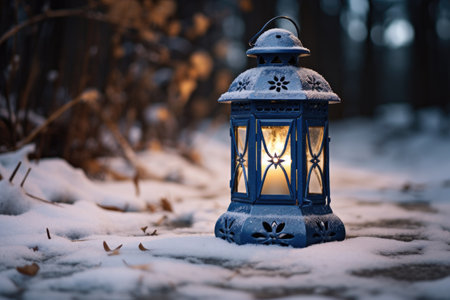 winter scene with a candle on snowの素材