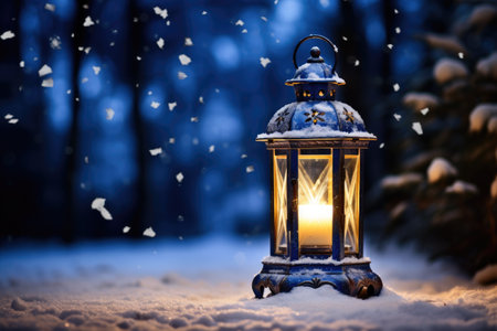 winter scene with a candle on snowの素材
