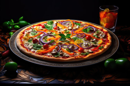 pizza is on a wooden platter on a tableの素材