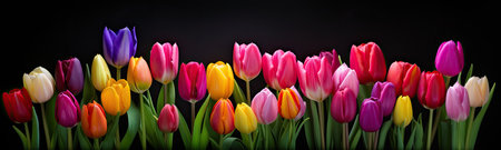 colorful tulips are in front of a white surfaceの素材