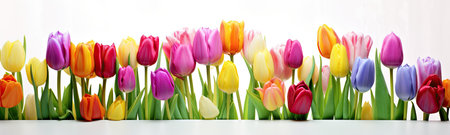 colorful tulips are in front of a white surfaceの素材