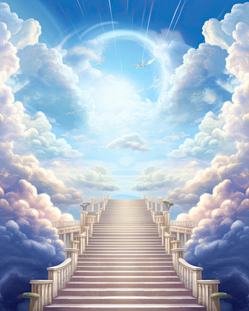stairs atop a cloud in the style of god raysの素材