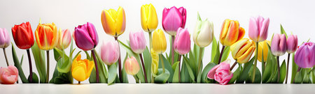 colorful tulips are in front of a white surfaceの素材