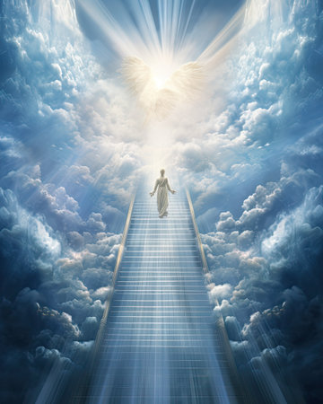 stairs atop a cloud in the style of god raysの素材