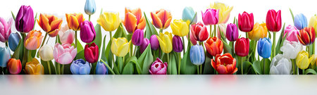 colorful tulips are in front of a white surfaceの素材