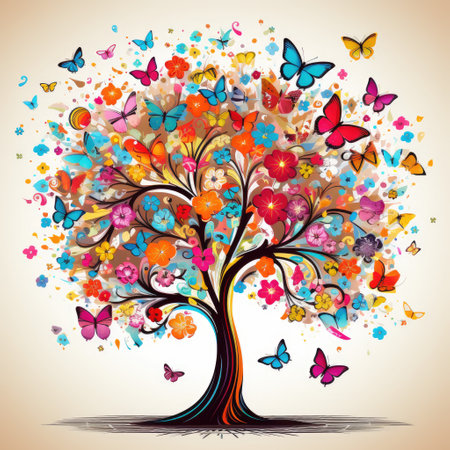 colorful tree with butterfliesの素材