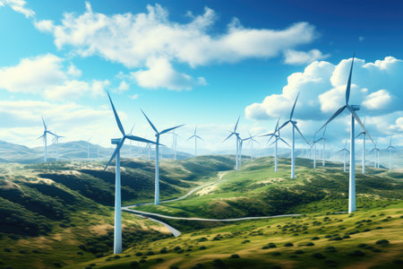 wind turbines in the hills and sky with cloudsの素材