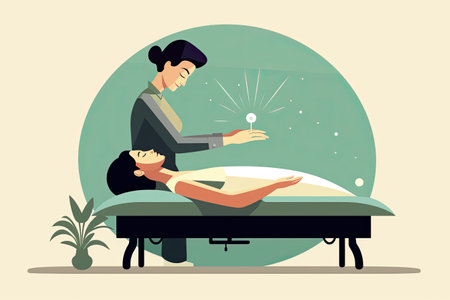 Comfortable bed with massage, surrounded by art, plants, and wood in a bedroom.の素材