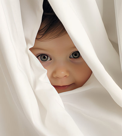 young baby peeking over a white towelの素材